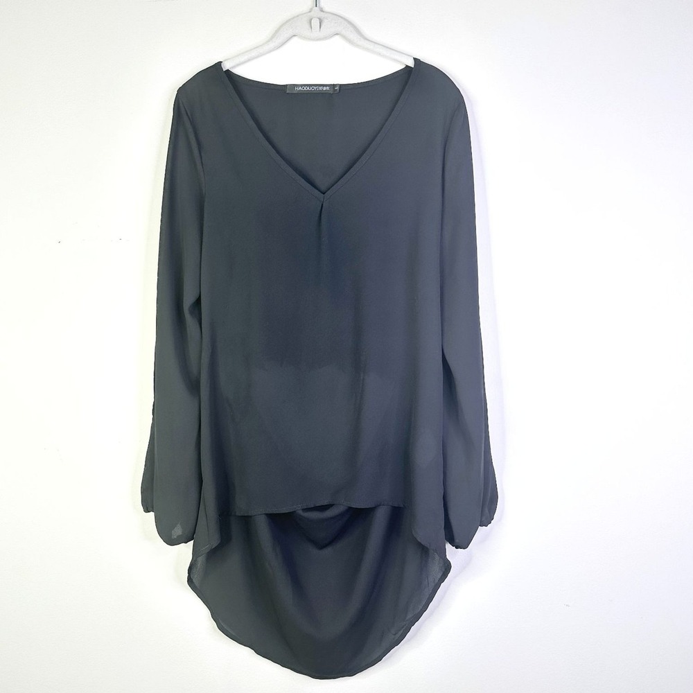 Haoduoyi Blouse Women L Black High Low Open Lace Back Sheer Split Slv Vneck Boho